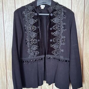 Black Cardigan with Floral velvet Embroidery and beading Victorian Hippie L
